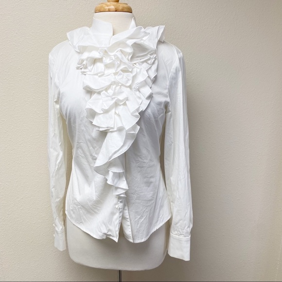 St. John Ruffle Button-down Blouse in White 6 - Picture 1 of 8